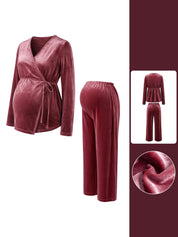 Conjunto Gestante de Veludo Blusa Transpassada Manga Longa e Calça Pantalona - Vinho