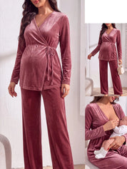 Conjunto Gestante de Veludo Blusa Transpassada Manga Longa e Calça Pantalona - Vinho