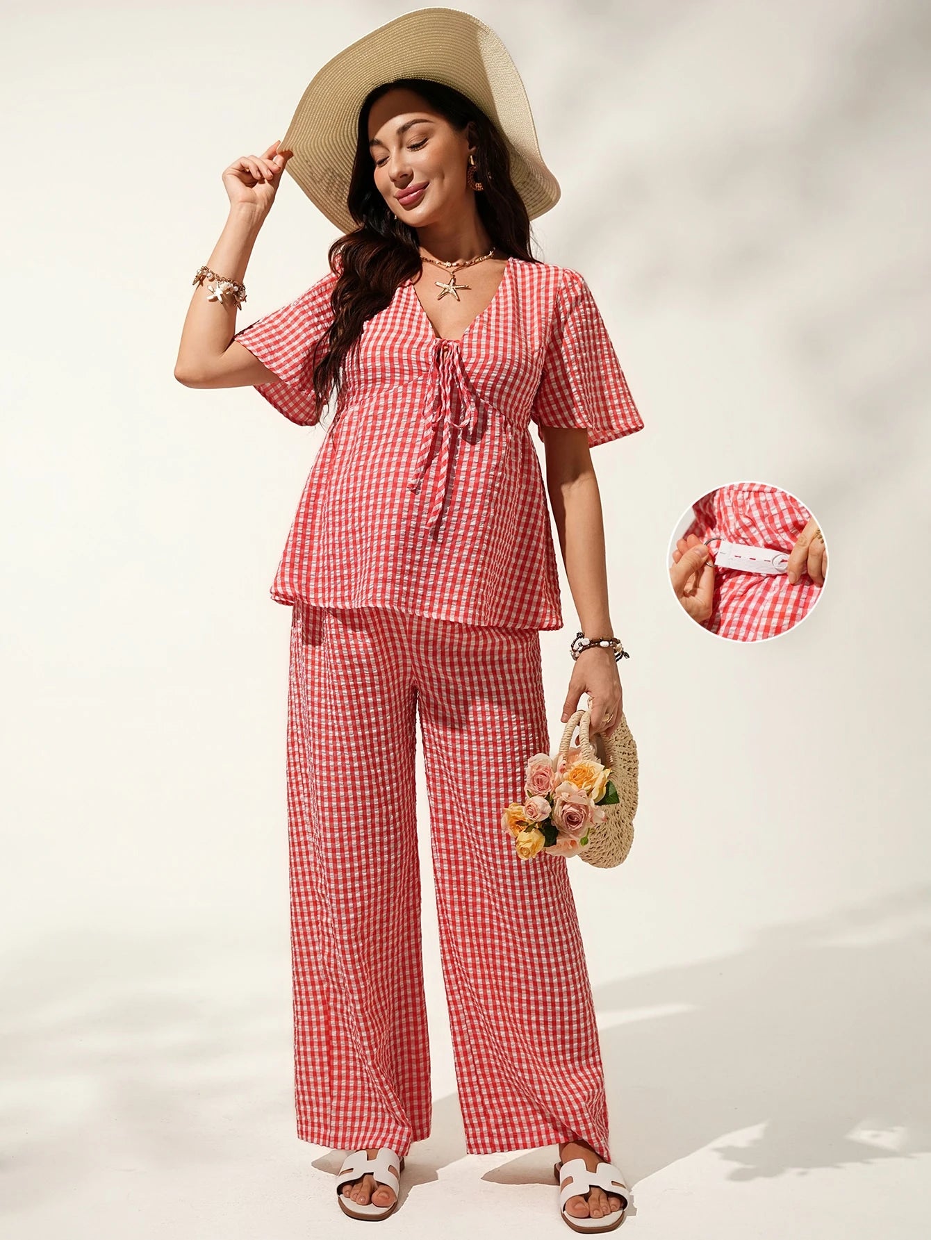 Conjunto Gestante Vichy Vermelho Blusa Manga Curta e Calça Pantalona - Vermelho