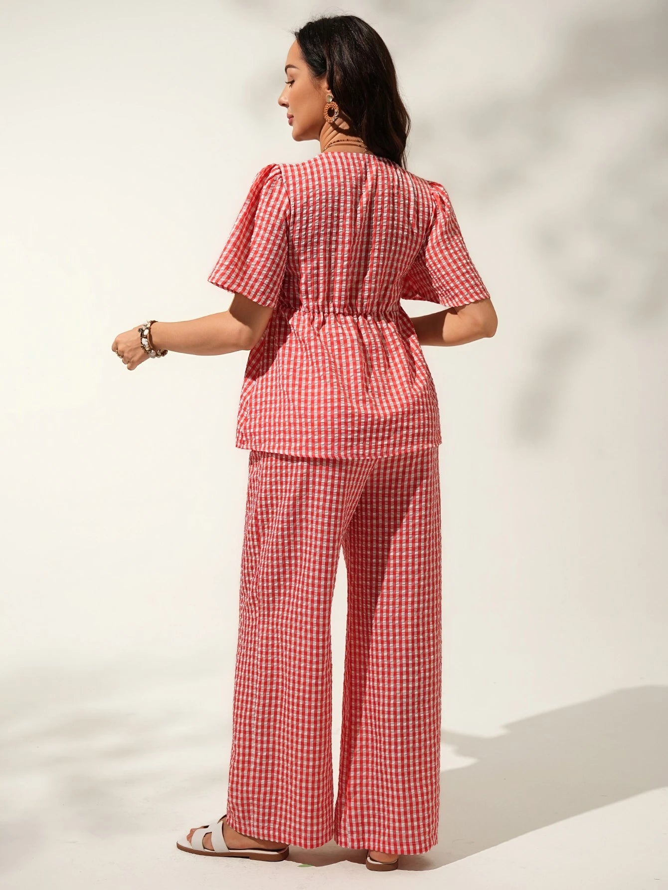 Conjunto Gestante Vichy Vermelho Blusa Manga Curta e Calça Pantalona - Vermelho