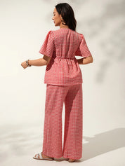 Conjunto Gestante Vichy Vermelho Blusa Manga Curta e Calça Pantalona - Vermelho
