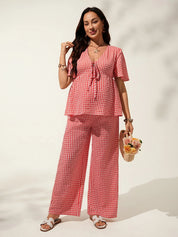 Conjunto Gestante Vichy Vermelho Blusa Manga Curta e Calça Pantalona - Vermelho