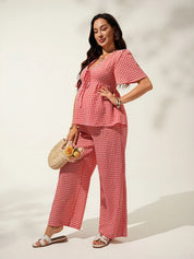 Conjunto Gestante Vichy Vermelho Blusa Manga Curta e Calça Pantalona - Vermelho