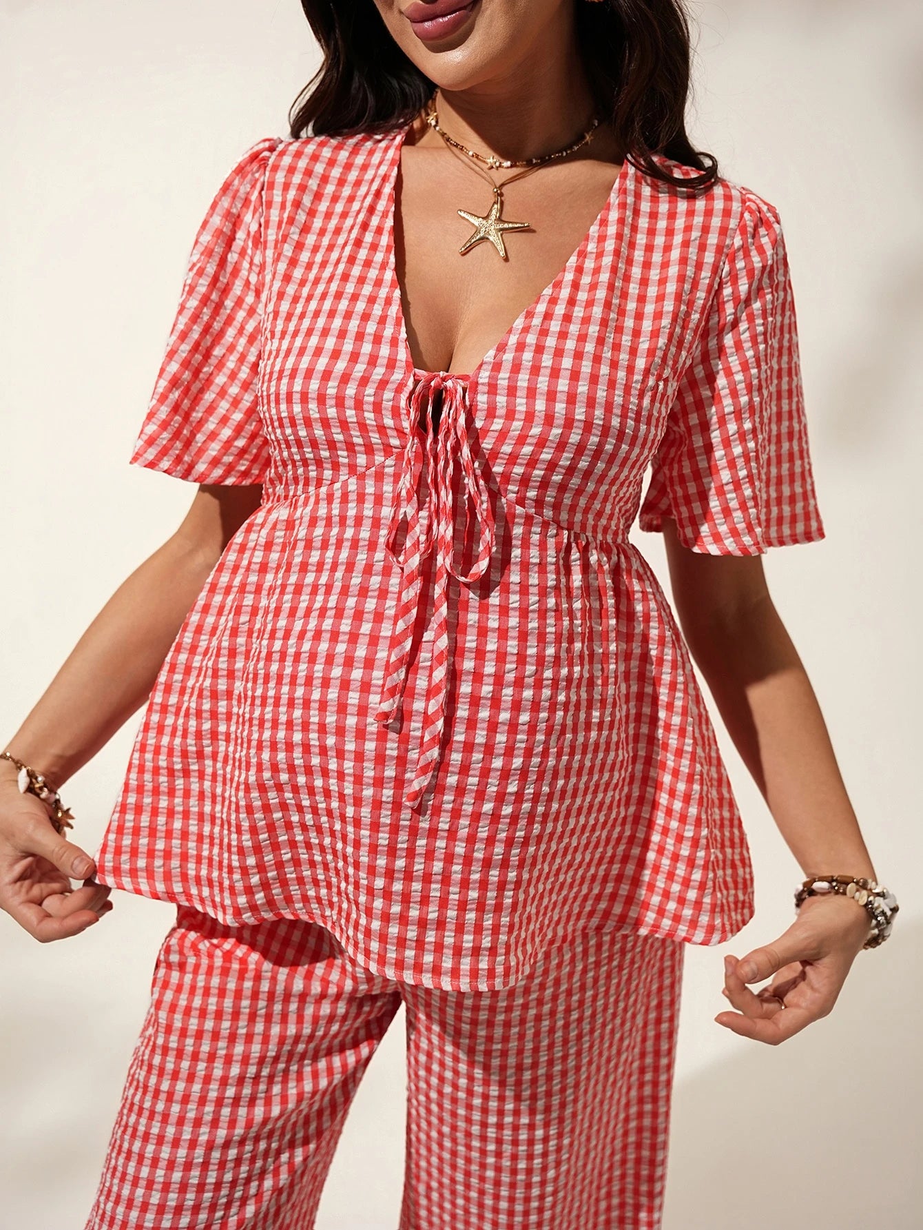 Conjunto Gestante Vichy Vermelho Blusa Manga Curta e Calça Pantalona - Vermelho