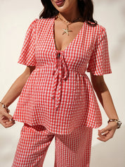 Conjunto Gestante Vichy Vermelho Blusa Manga Curta e Calça Pantalona - Vermelho