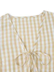 Conjunto Gestante Xadrez Blusa Manga Longa com Amarração e Calça Ampla - Caqui