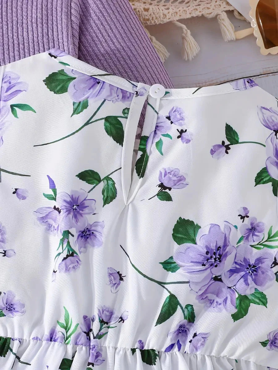 Conjunto Infantil 2 Peças Menina Vestido Floral com Laço e Cardigã Canelado Conjunto Menina 20 Kabannas 