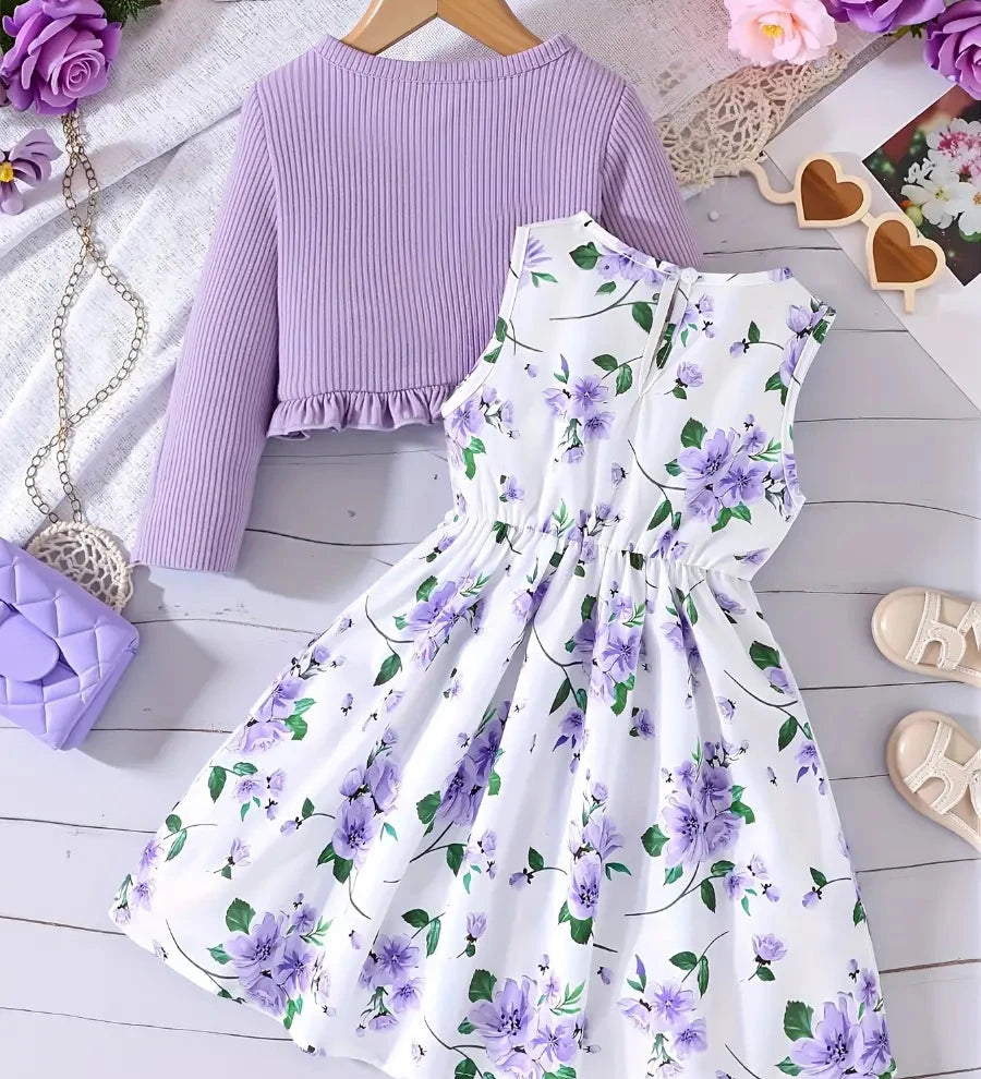 Conjunto Infantil 2 Peças Menina Vestido Floral com Laço e Cardigã Canelado Conjunto Menina 20 Kabannas 