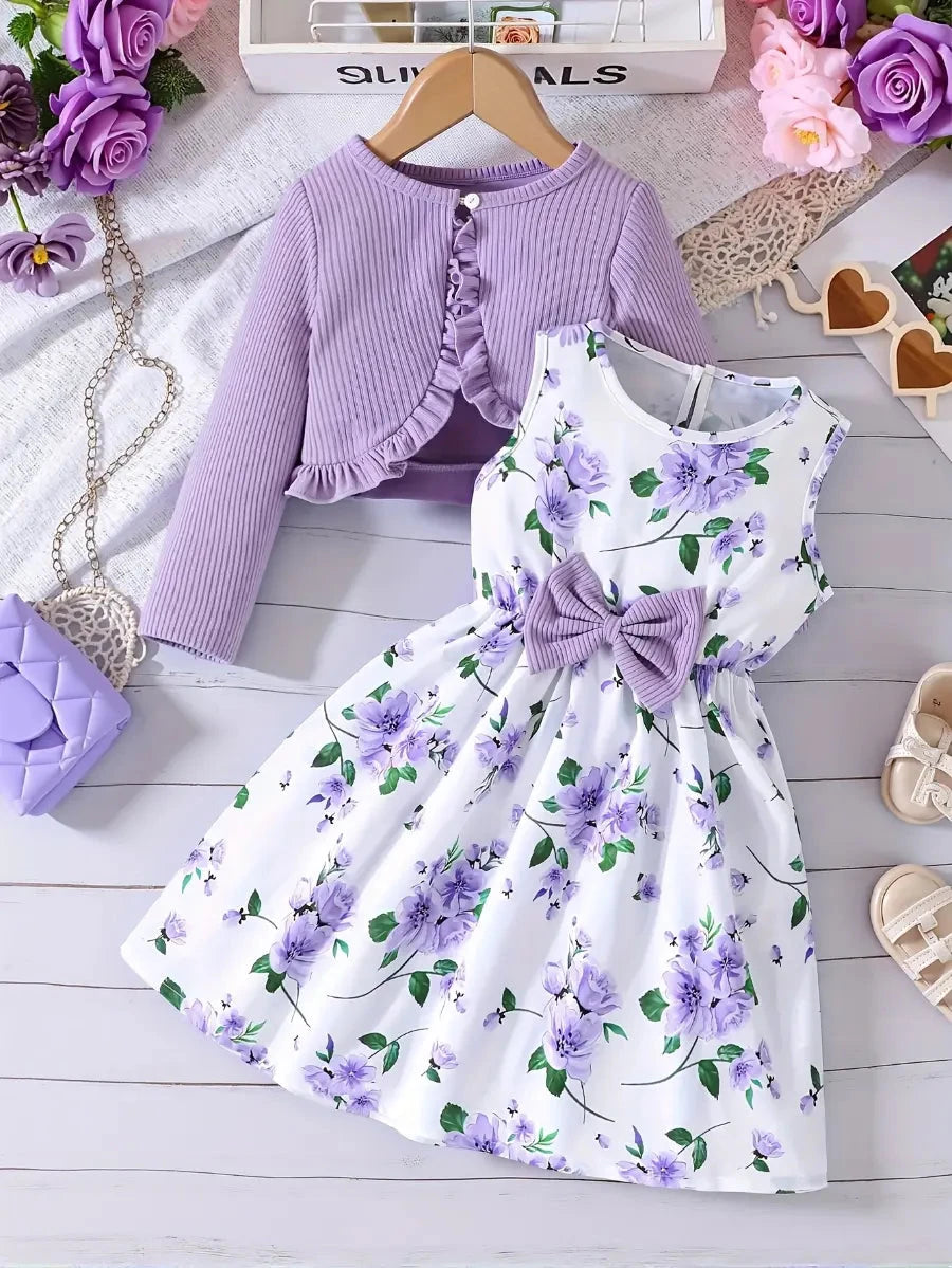 Conjunto Infantil 2 Peças Menina Vestido Floral com Laço e Cardigã Canelado Conjunto Menina 20 Kabannas Roxo 9-12 Meses 