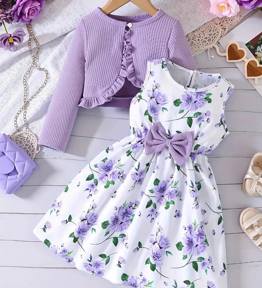 Conjunto Infantil 2 Peças Menina Vestido Floral com Laço e Cardigã Canelado Conjunto Menina 20 Kabannas Roxo 9-12 Meses 