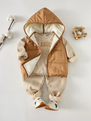 Conjunto Infantil Menino 3 Peças Moletom Calça e Colete Puffer com Capuz