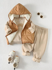 Conjunto Infantil Menino 3 Peças Moletom Calça e Colete Puffer com Capuz