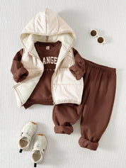 Conjunto Infantil Menino 3 Peças Moletom Calça e Colete Puffer com Capuz