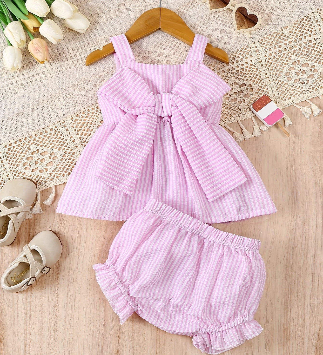 Conjunto Infantil Bebê Menina Regata com Laço e Short Listrado 2 Peças Conjunto Menina 17 Kabannas Rosa 6-9 Meses 
