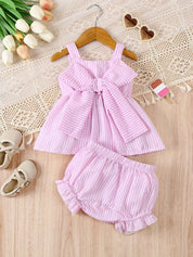Conjunto Infantil Bebê Menina Regata com Laço e Short Listrado 2 Peças Conjunto Menina 17 Kabannas Rosa 6-9 Meses 