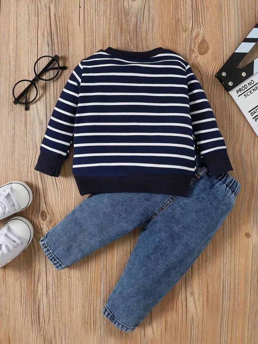 Conjunto Infantil Bebê Menino Moletom Listrado Aplique Elefante e Calça Jeans Conjunto Menino 19 Kabannas 