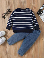 Conjunto Infantil Bebê Menino Moletom Listrado Aplique Elefante e Calça Jeans Conjunto Menino 19 Kabannas 