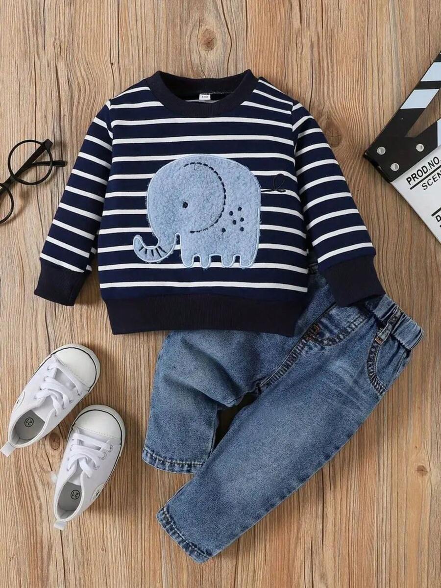 Conjunto Infantil Bebê Menino Moletom Listrado Aplique Elefante e Calça Jeans Conjunto Menino 19 Kabannas Azul 3-6 Meses 