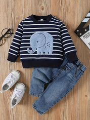 Conjunto Infantil Bebê Menino Moletom Listrado Aplique Elefante e Calça Jeans Conjunto Menino 19 Kabannas Azul 3-6 Meses 