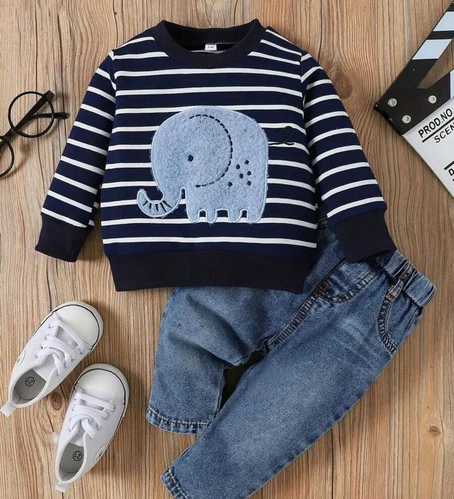 Conjunto Infantil Bebê Menino Moletom Listrado Aplique Elefante e Calça Jeans Conjunto Menino 19 Kabannas Azul 3-6 Meses 