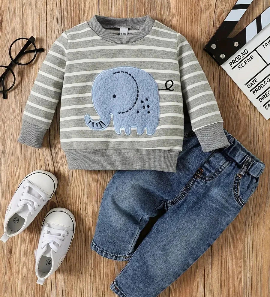 Conjunto Infantil Bebê Menino Moletom Listrado Aplique Elefante e Calça Jeans Conjunto Menino 19 Kabannas Cinza 3-6 Meses 