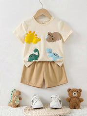 Conjunto Infantil Menino Camiseta Dinossauros 3D e Shorts Caqui