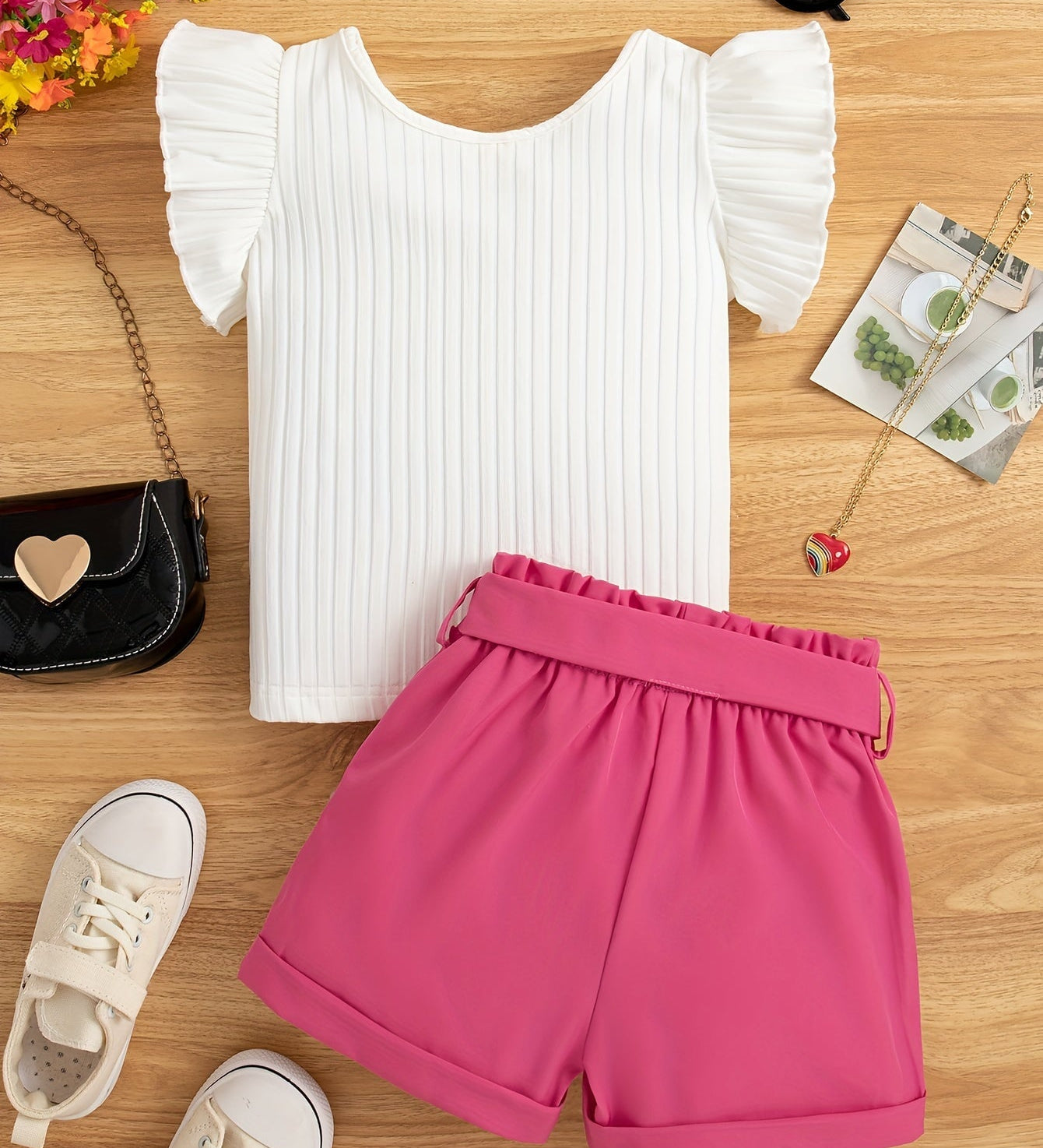 Conjunto Infantil Feminino 2 Peças Blusa Canelada Manga Borboleta e Short com Cinto Conjunto Menina 22 Kabannas 