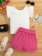Conjunto Infantil Feminino 2 Peças Blusa Canelada Manga Borboleta e Short com Cinto Conjunto Menina 22 Kabannas 