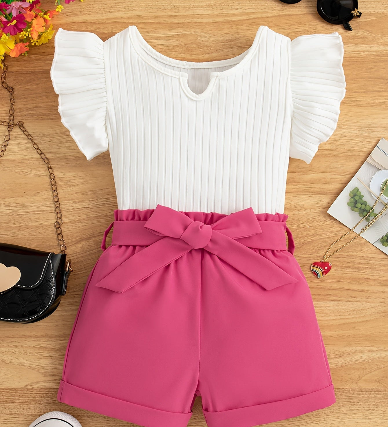 Conjunto Infantil Feminino 2 Peças Blusa Canelada Manga Borboleta e Short com Cinto Conjunto Menina 22 Kabannas Branco e rosa 1-2 Anos 