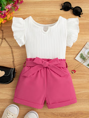 Conjunto Infantil Feminino 2 Peças Blusa Canelada Manga Borboleta e Short com Cinto Conjunto Menina 22 Kabannas Branco e rosa 1-2 Anos 