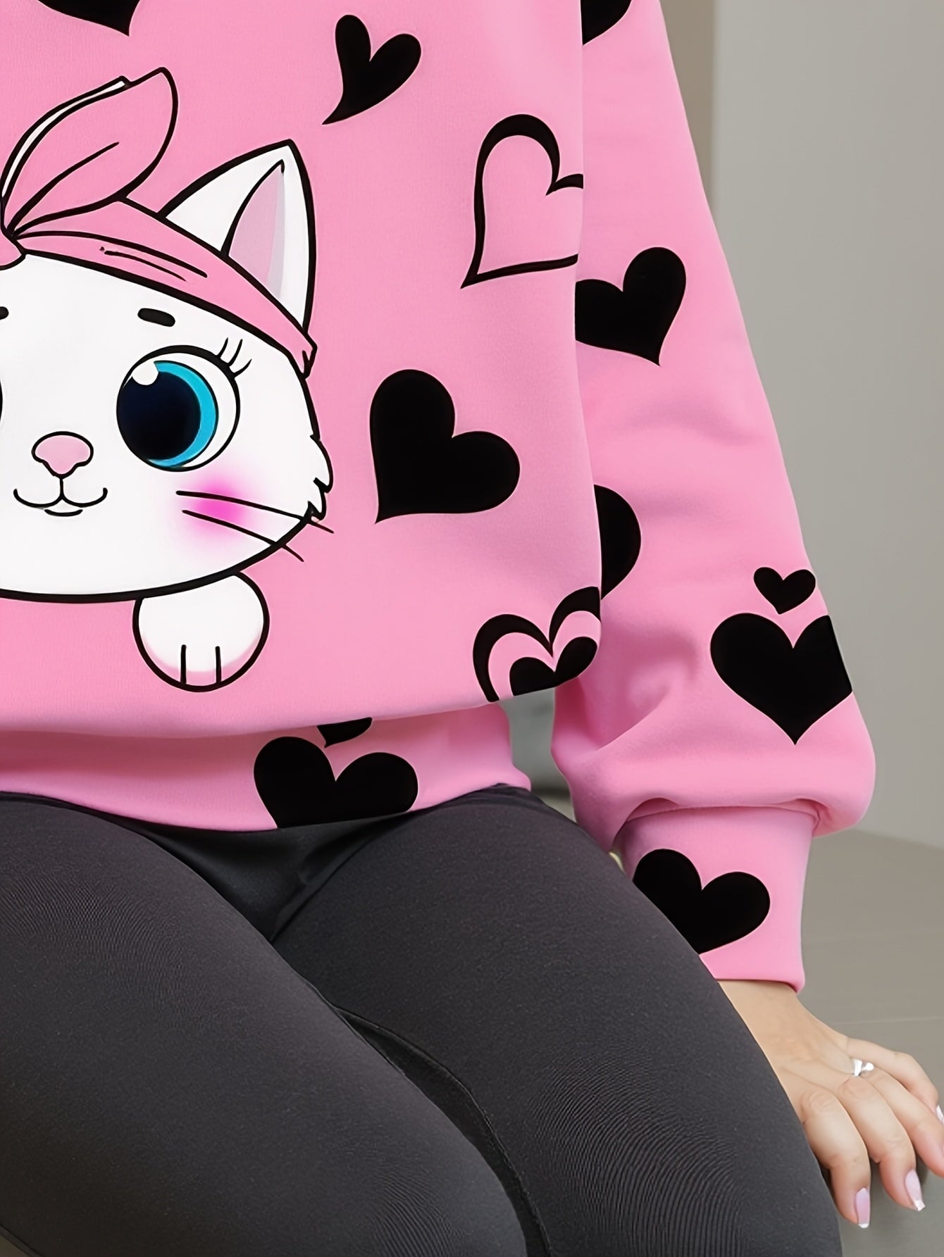 Conjunto Infantil Feminino 2 Peças Blusa Gola Redonda Estampa de Gato e Coração com Calça Legging Conjunto Menina 24 Kabannas 