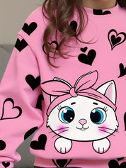 Conjunto Infantil Feminino 2 Peças Blusa Gola Redonda Estampa de Gato e Coração com Calça Legging Conjunto Menina 24 Kabannas 