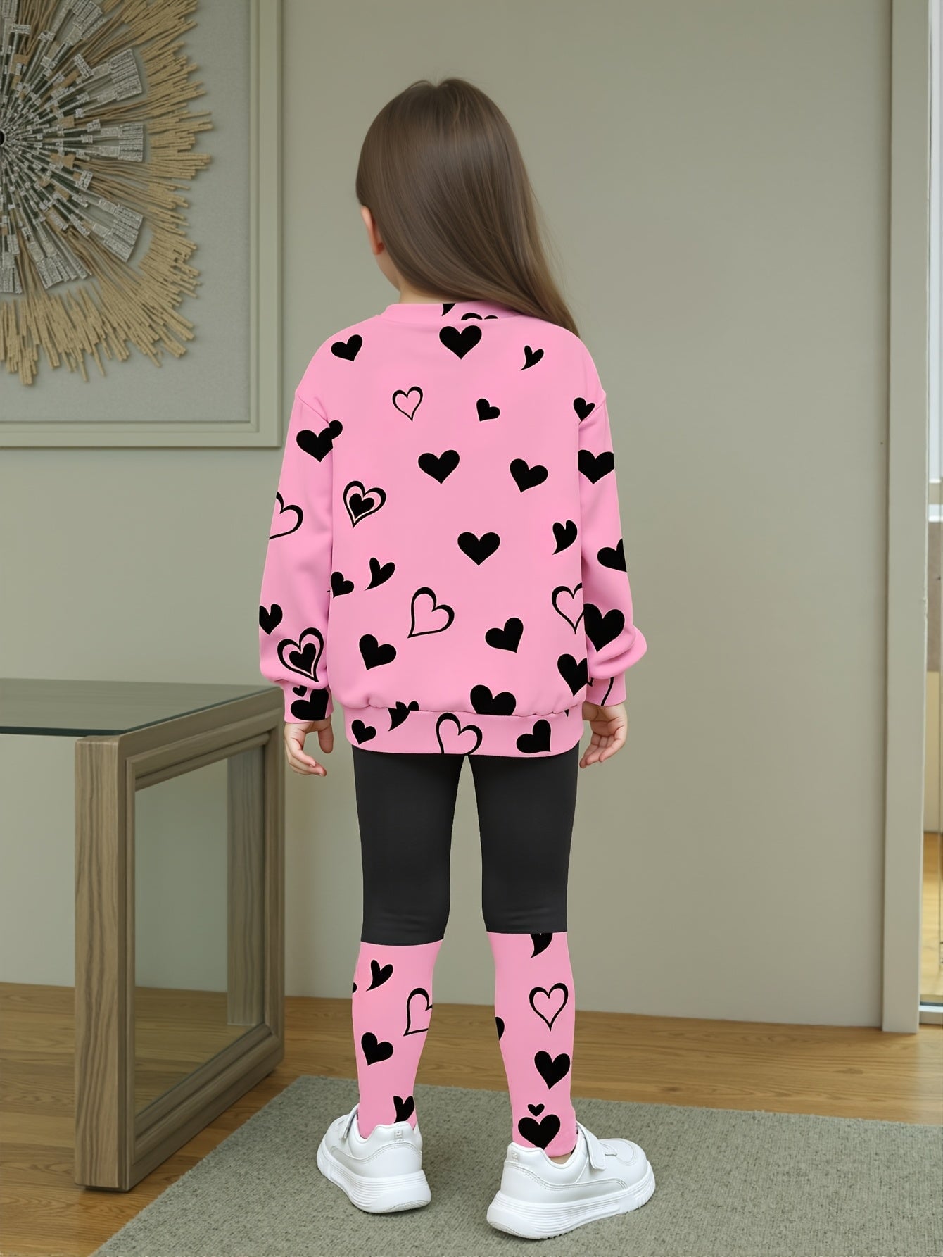 Conjunto Infantil Feminino 2 Peças Blusa Gola Redonda Estampa de Gato e Coração com Calça Legging Conjunto Menina 24 Kabannas 