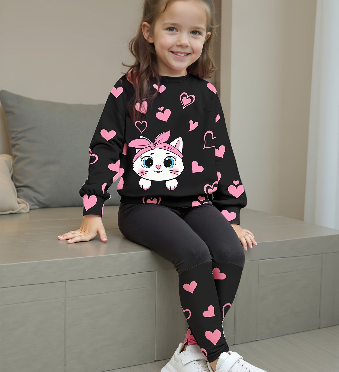 Conjunto Infantil Feminino 2 Peças Blusa Gola Redonda Estampa de Gato e Coração com Calça Legging Conjunto Menina 24 Kabannas Preto 9-12 Meses 