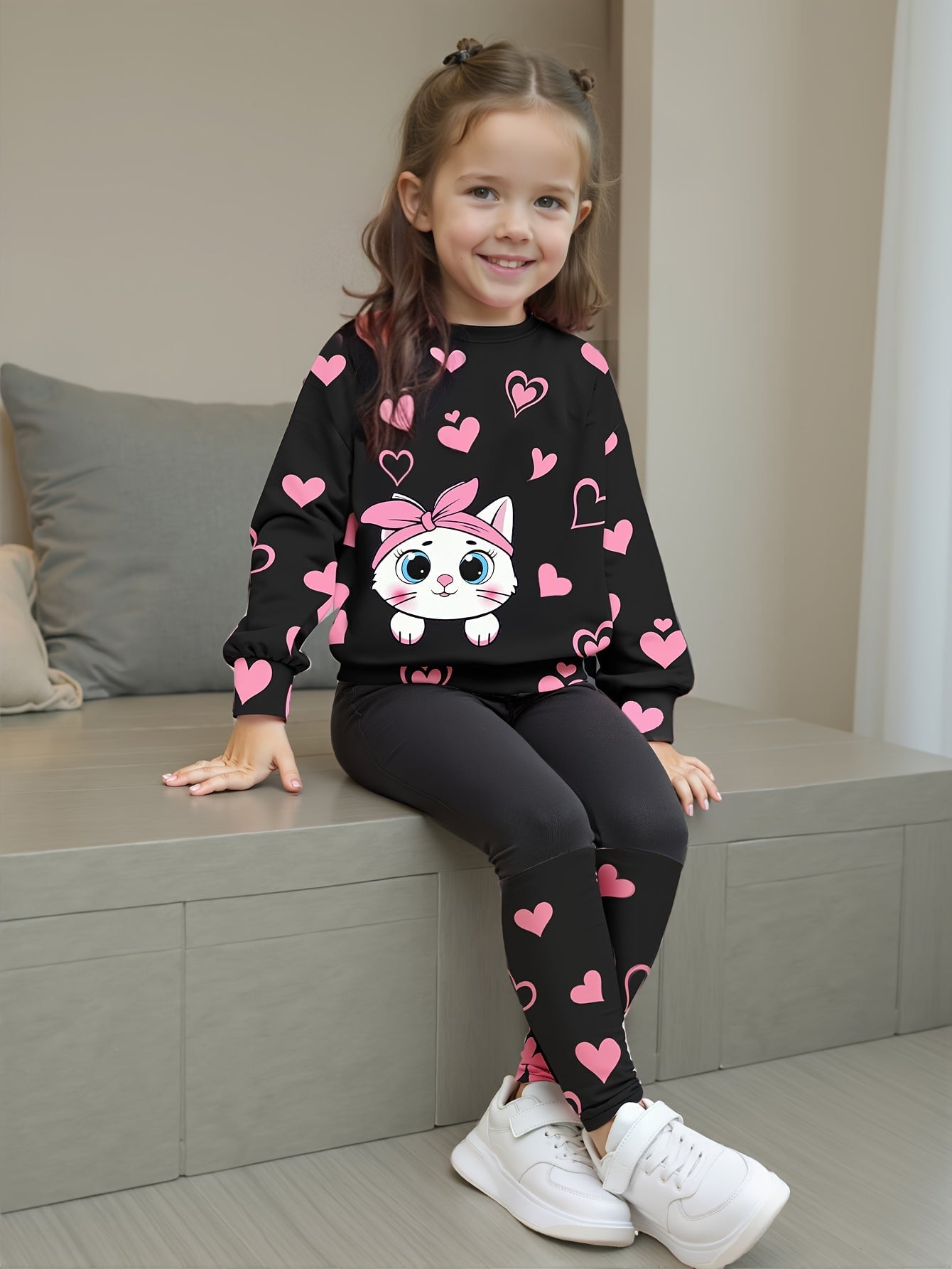 Conjunto Infantil Feminino 2 Peças Blusa Gola Redonda Estampa de Gato e Coração com Calça Legging Conjunto Menina 24 Kabannas Preto 9-12 Meses 