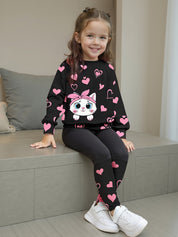 Conjunto Infantil Feminino 2 Peças Blusa Gola Redonda Estampa de Gato e Coração com Calça Legging Conjunto Menina 24 Kabannas Preto 9-12 Meses 