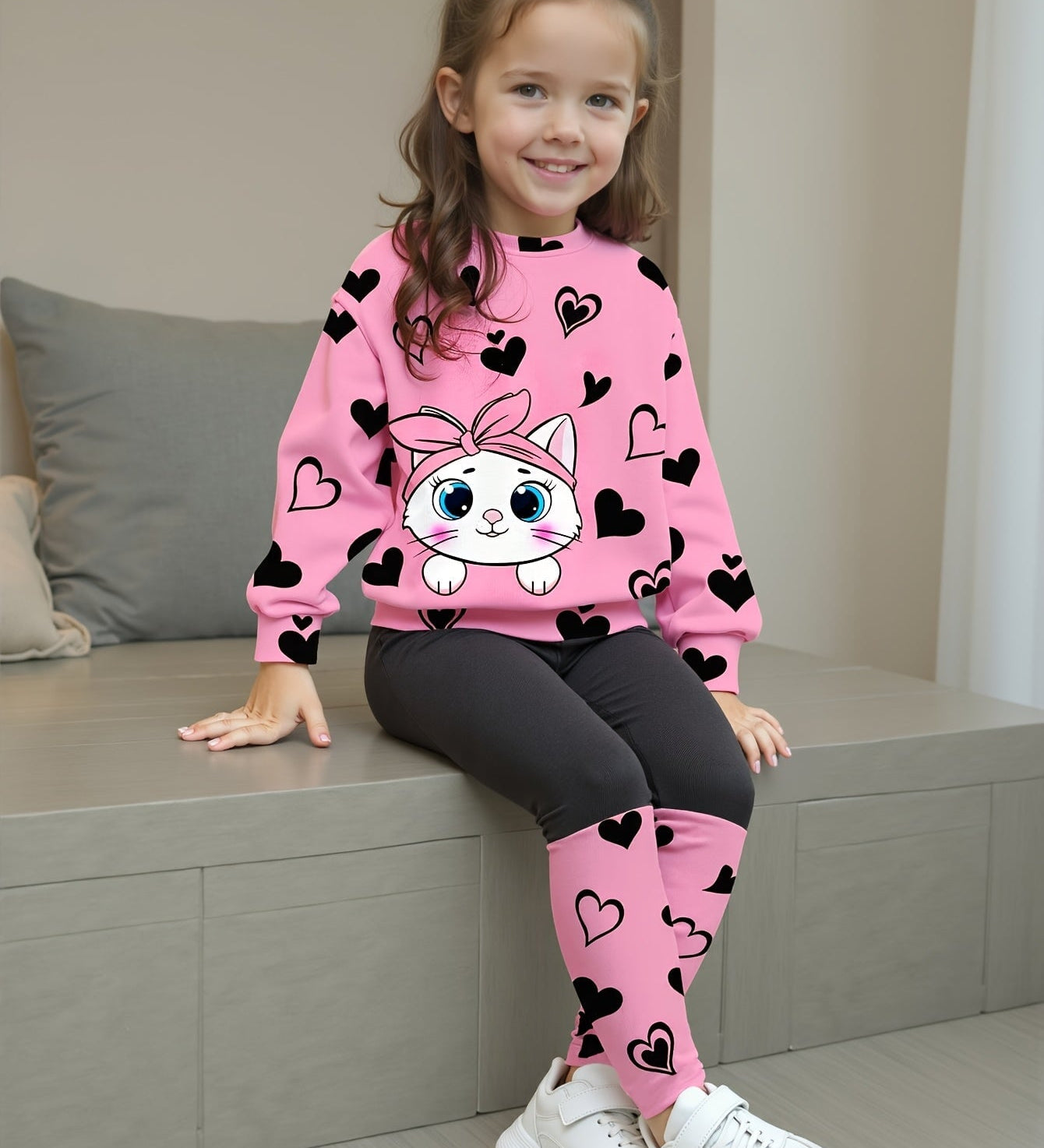 Conjunto Infantil Feminino 2 Peças Blusa Gola Redonda Estampa de Gato e Coração com Calça Legging Conjunto Menina 24 Kabannas Rosa 9-12 Meses 