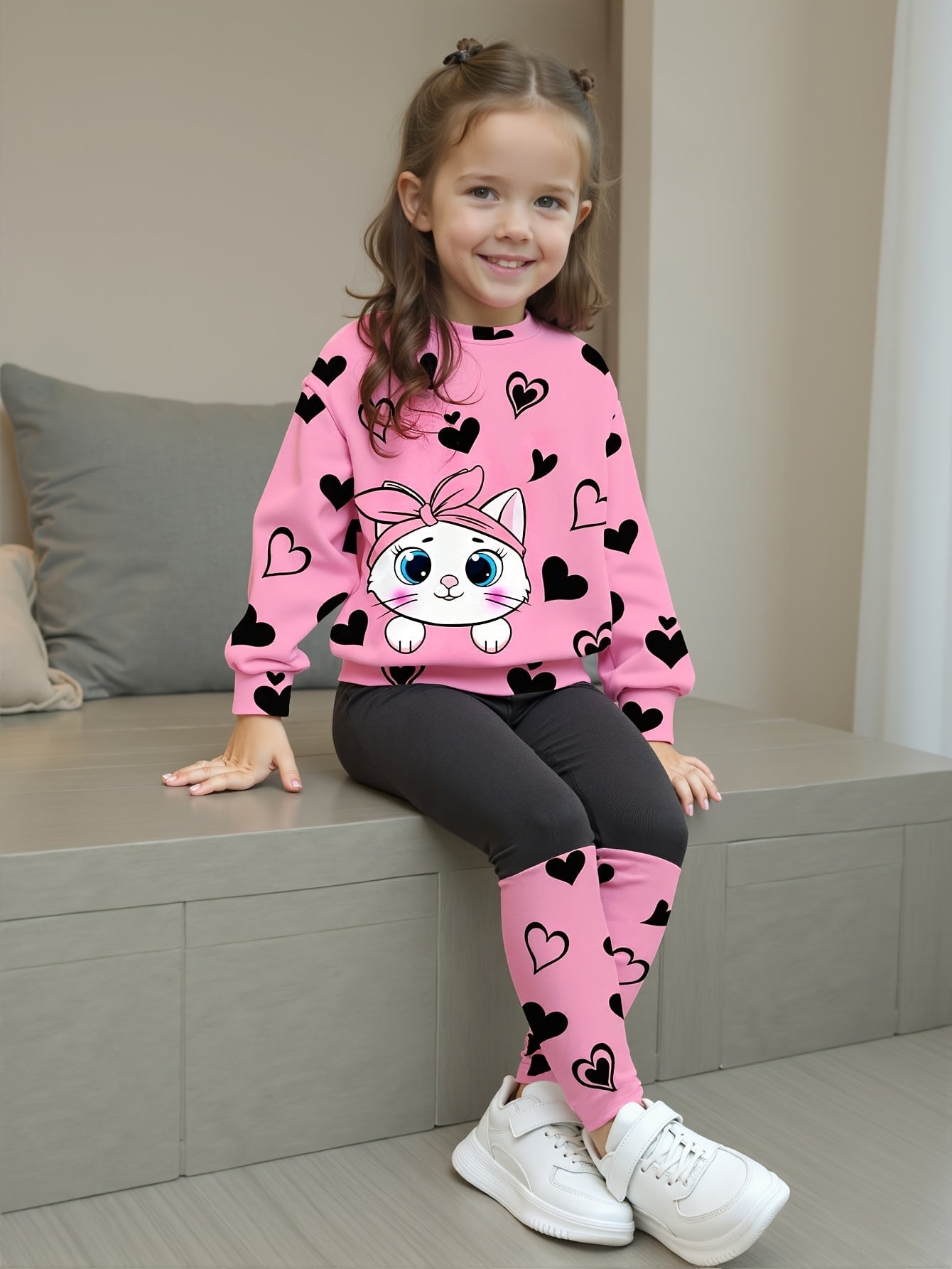 Conjunto Infantil Feminino 2 Peças Blusa Gola Redonda Estampa de Gato e Coração com Calça Legging Conjunto Menina 24 Kabannas Rosa 9-12 Meses 