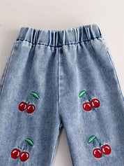 Conjunto Infantil Feminino 2 Peças Blusa Manga Longa Textura Waffle Vermelha com Gola e Calça Jeans Bordado Cereja Conjunto Menina 14 Kabannas 