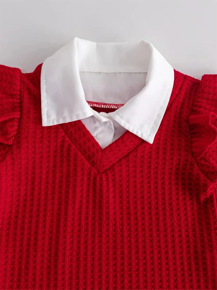 Conjunto Infantil Feminino 2 Peças Blusa Manga Longa Textura Waffle Vermelha com Gola e Calça Jeans Bordado Cereja Conjunto Menina 14 Kabannas 