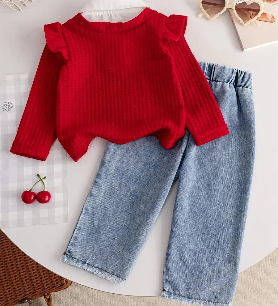Conjunto Infantil Feminino 2 Peças Blusa Manga Longa Textura Waffle Vermelha com Gola e Calça Jeans Bordado Cereja Conjunto Menina 14 Kabannas 