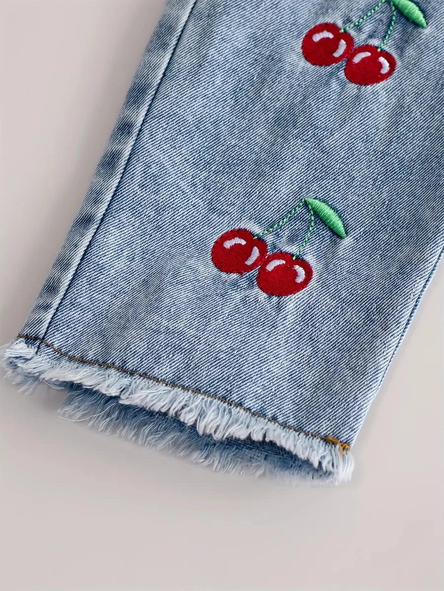 Conjunto Infantil Feminino 2 Peças Blusa Manga Longa Textura Waffle Vermelha com Gola e Calça Jeans Bordado Cereja Conjunto Menina 14 Kabannas 
