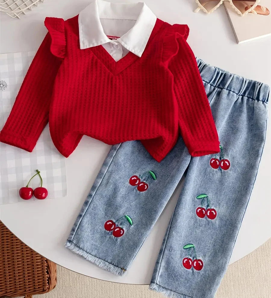 Conjunto Infantil Feminino 2 Peças Blusa Manga Longa Textura Waffle Vermelha com Gola e Calça Jeans Bordado Cereja Conjunto Menina 14 Kabannas Vermelho 9-12 Meses 
