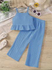 Conjunto Infantil Feminino 2 Peças Top Alça Crochê Colorido com Babado e Calça Pantalona Texturizada Conjunto Menina 12 Kabannas 