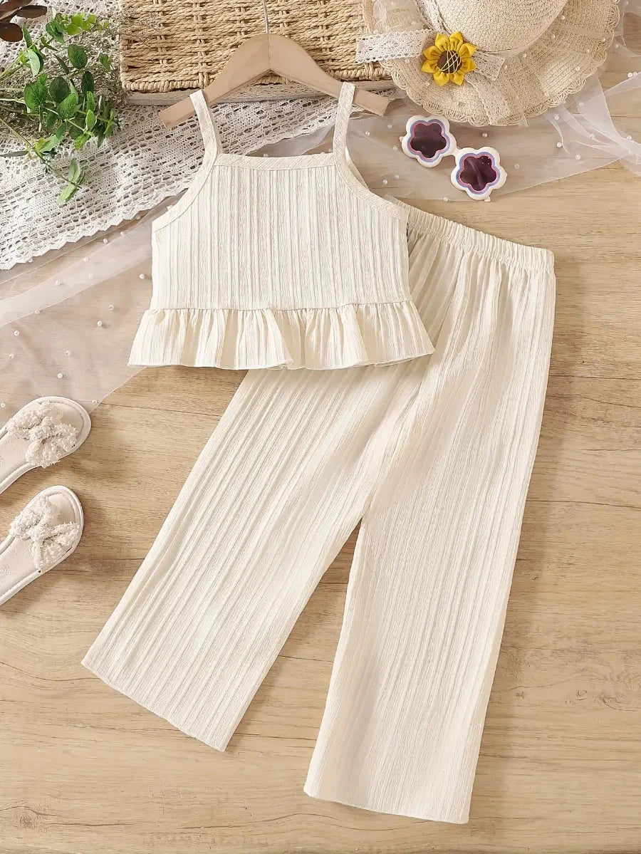 Conjunto Infantil Feminino 2 Peças Top Alça Crochê Colorido com Babado e Calça Pantalona Texturizada Conjunto Menina 12 Kabannas 