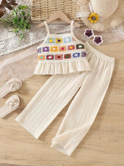 Conjunto Infantil Feminino 2 Peças Top Alça Crochê Colorido com Babado e Calça Pantalona Texturizada Conjunto Menina 12 Kabannas 