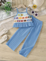Conjunto Infantil Feminino 2 Peças Top Alça Crochê Colorido com Babado e Calça Pantalona Texturizada Conjunto Menina 12 Kabannas 