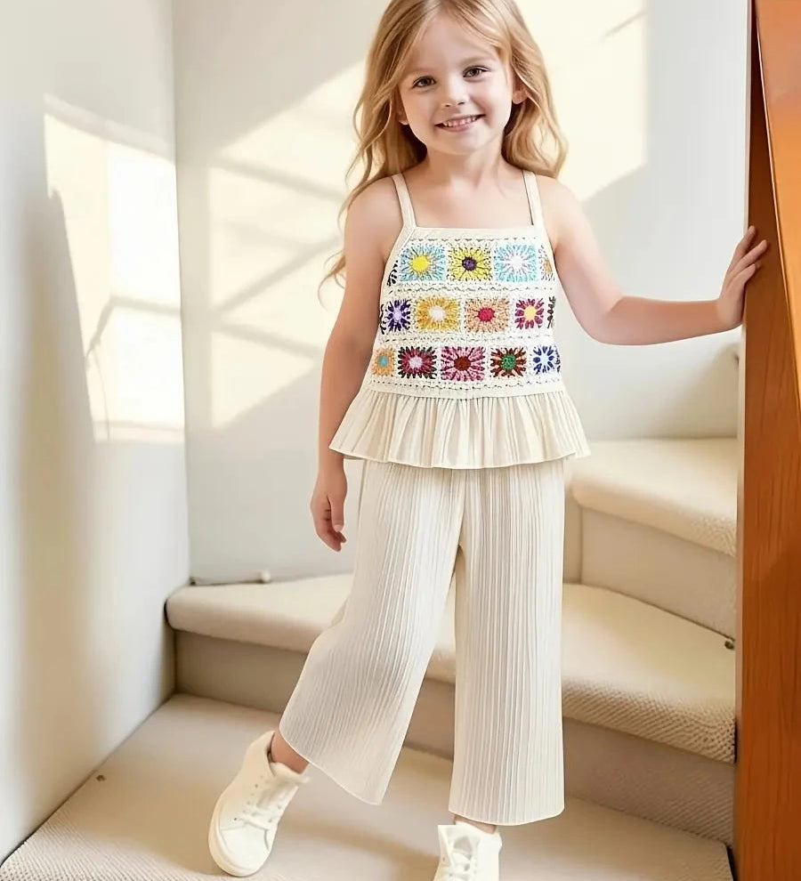 Conjunto Infantil Feminino 2 Peças Top Alça Crochê Colorido com Babado e Calça Pantalona Texturizada Conjunto Menina 12 Kabannas Bege 9-12 Meses 