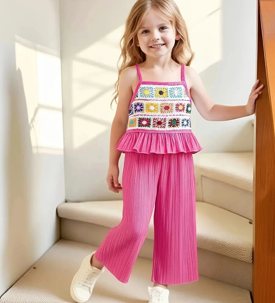Conjunto Infantil Feminino 2 Peças Top Alça Crochê Colorido com Babado e Calça Pantalona Texturizada Conjunto Menina 12 Kabannas Rosa 9-12 Meses 