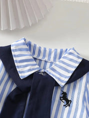 Conjunto Infantil Masculino 2 Peças Camisa Listrada Gola Marinheiro com Gravata e Calça Azul Marinho Conjunto Menino 07 Kabannas 